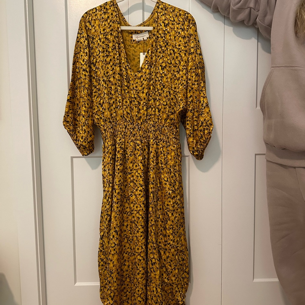 Smocked Waist Midi Dress in Mustard Yellow Floral